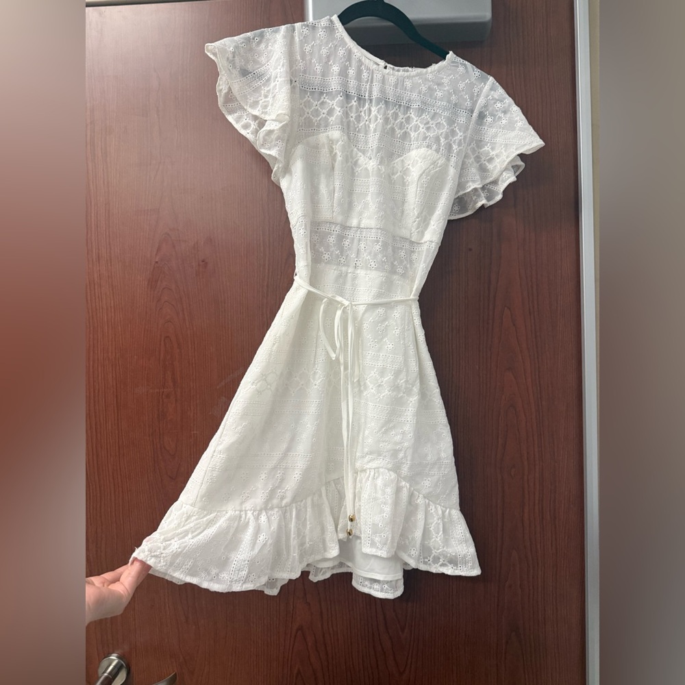 Selfie Leslie White Eyelet Lace Mini Dress with Ruffle Hem